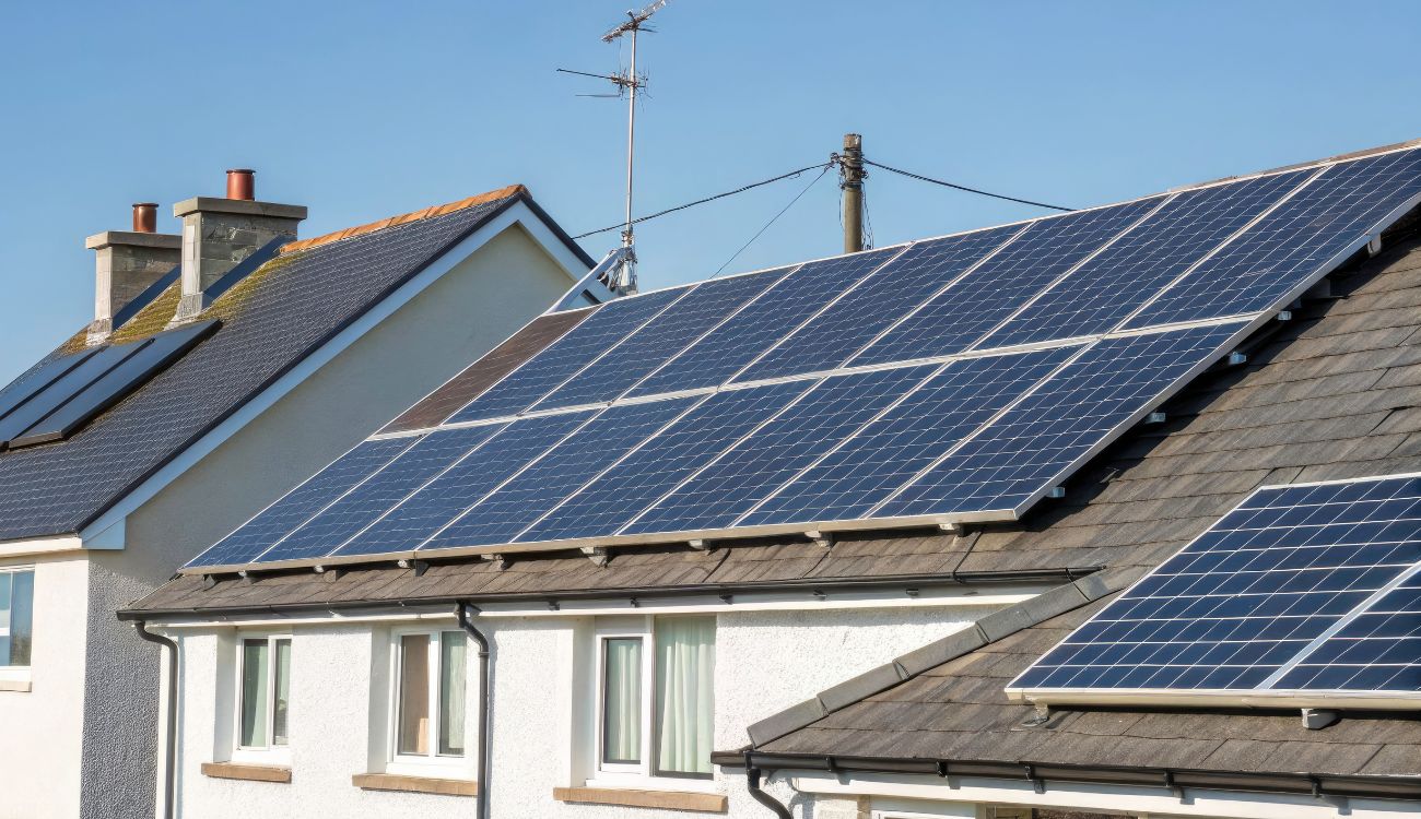 Solar panels installed on a house roof in the United Kingdom
