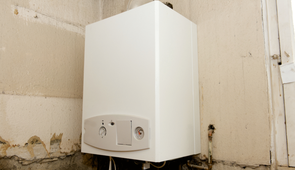 An old boiler mounted on a wall in a house