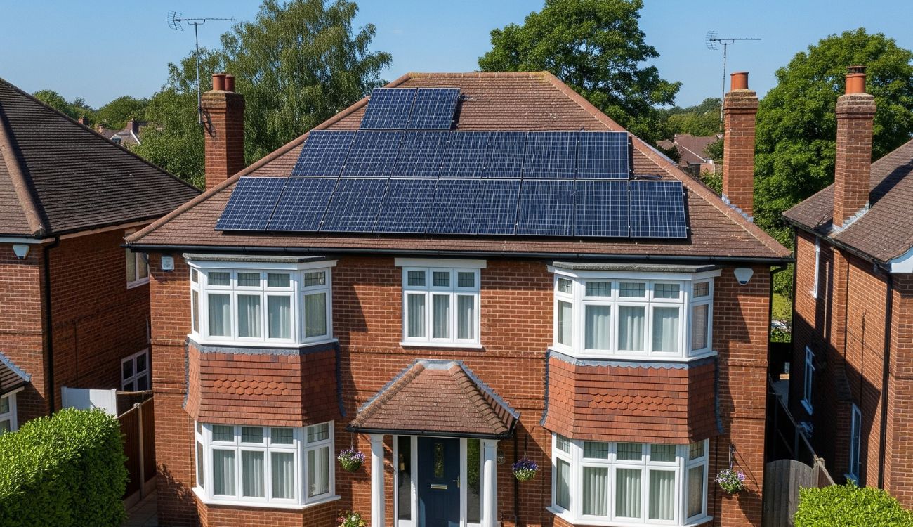 An array of solar panels installed on the roof of a brow face brick house in the UK