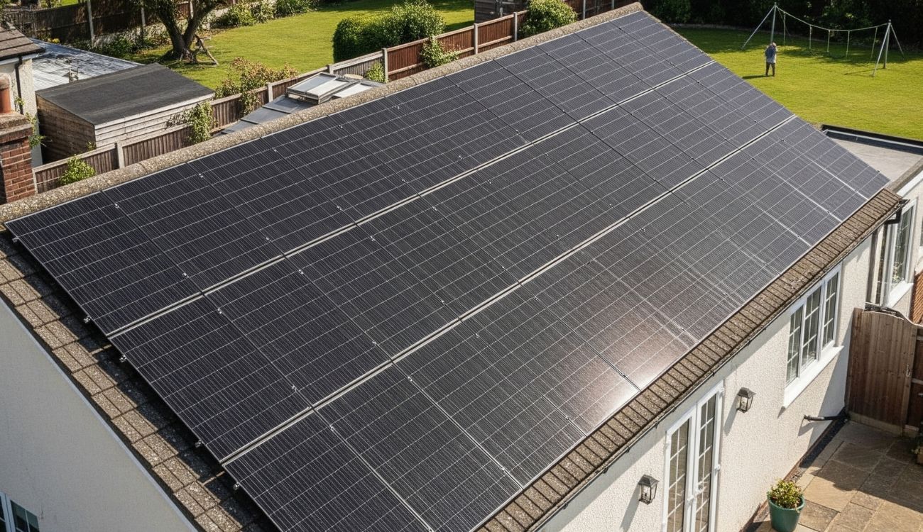 a large array of solar panels installed on the roof of a white house in the UK