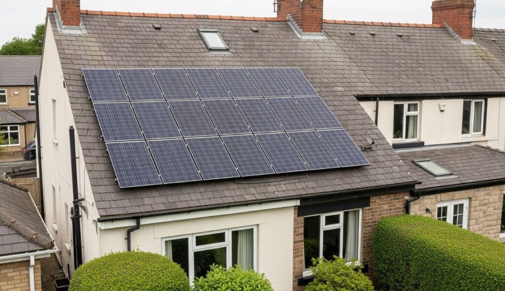 Solar panels installed on the roof of a residential property in the north east of england