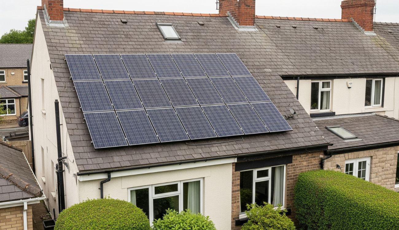 Solar panels installed on the roof of a residential property in the north east of england