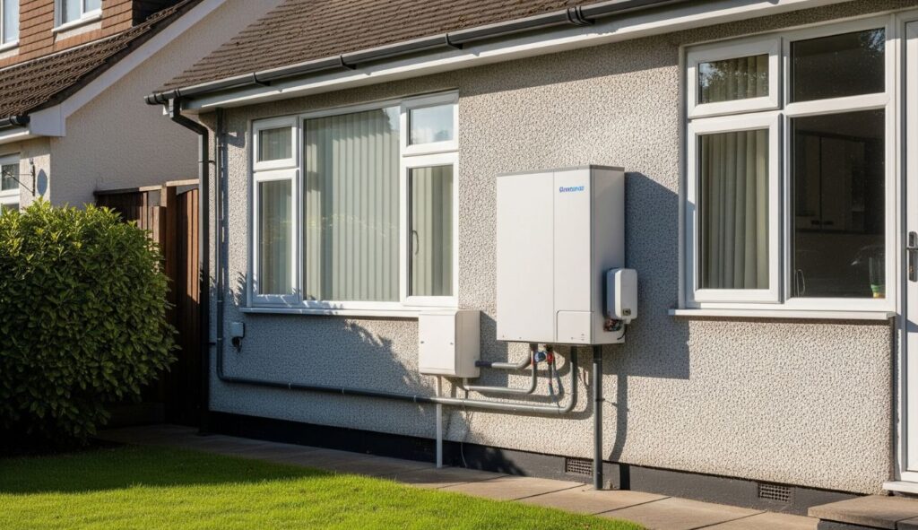 High temperature heat pump installed and mounted on the wall of a residential property in the UK
