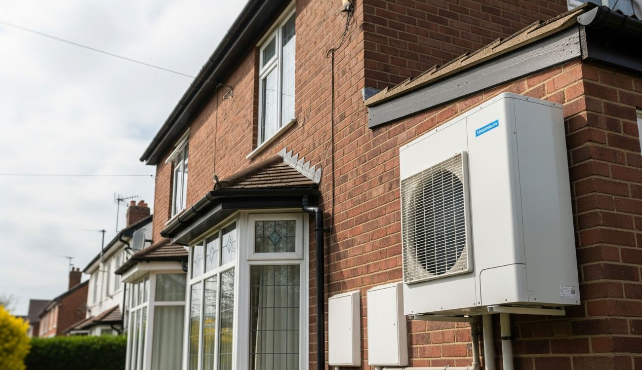 An air source heat pump installed and mounted on the outside wall of a residential property in the UK