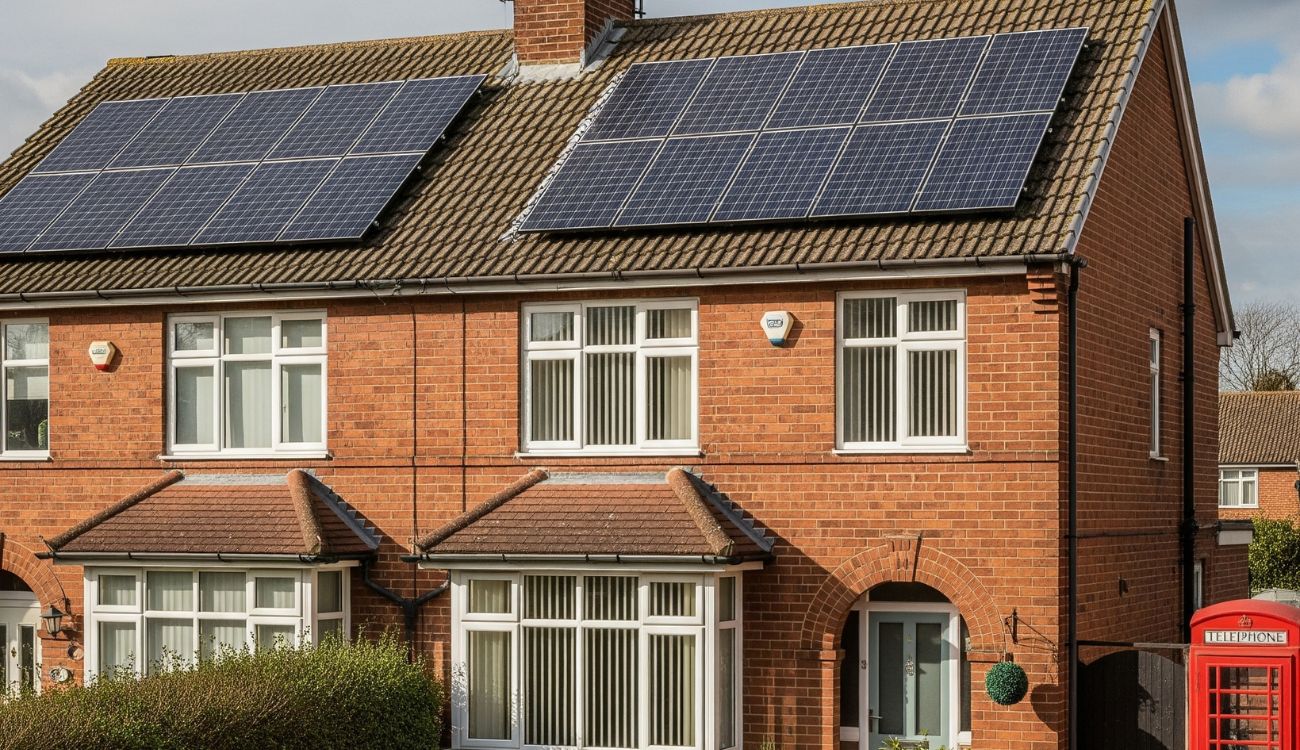 Solar panels mounted on the roof of a residential property in the UK