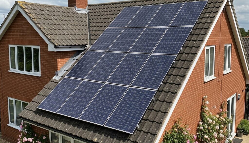 Solar panels mounted on the roof of a residential property in the UK