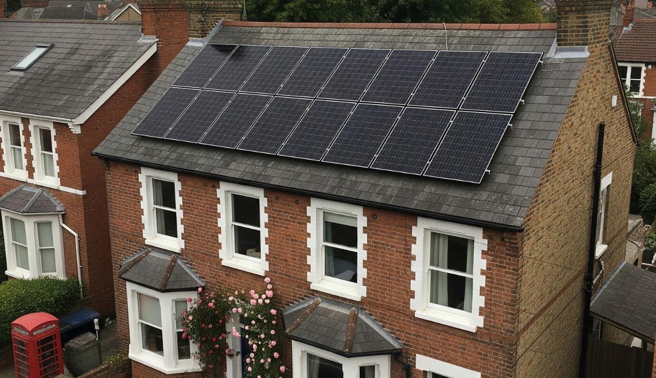 A large solar panel system installed on the roof of a residential property in the North East of England
