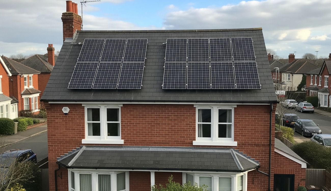 Solar panels mounted on the roof of a residential property in the UK