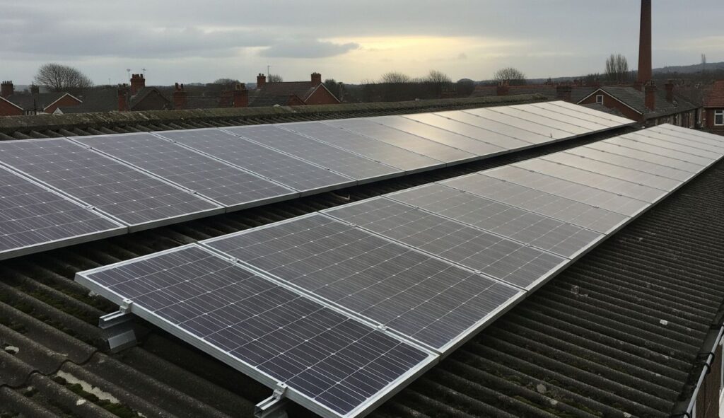 Solar panels installed on a metal roof in the North East of England, showcasing renewable energy solutions and sustainable architecture in the region.