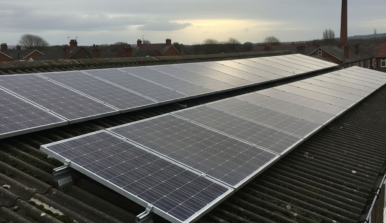 Solar panels installed on a metal roof in the North East of England, showcasing renewable energy solutions and sustainable architecture in the region.