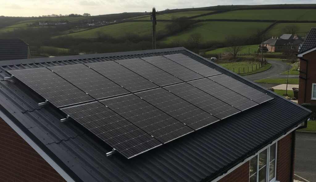 Solar panels installed on an asbestos roof in the North East of England, showcasing renewable energy solutions and sustainable architecture in the region.