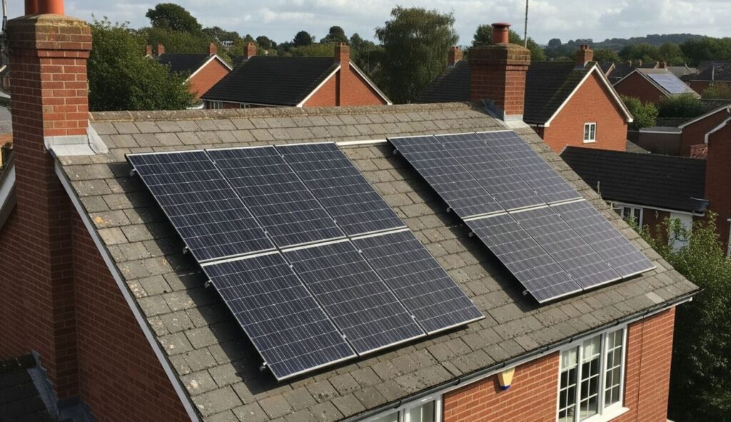 Solar panels installed on a residential roof in the North East of England, showcasing renewable energy solutions for homes in the region.