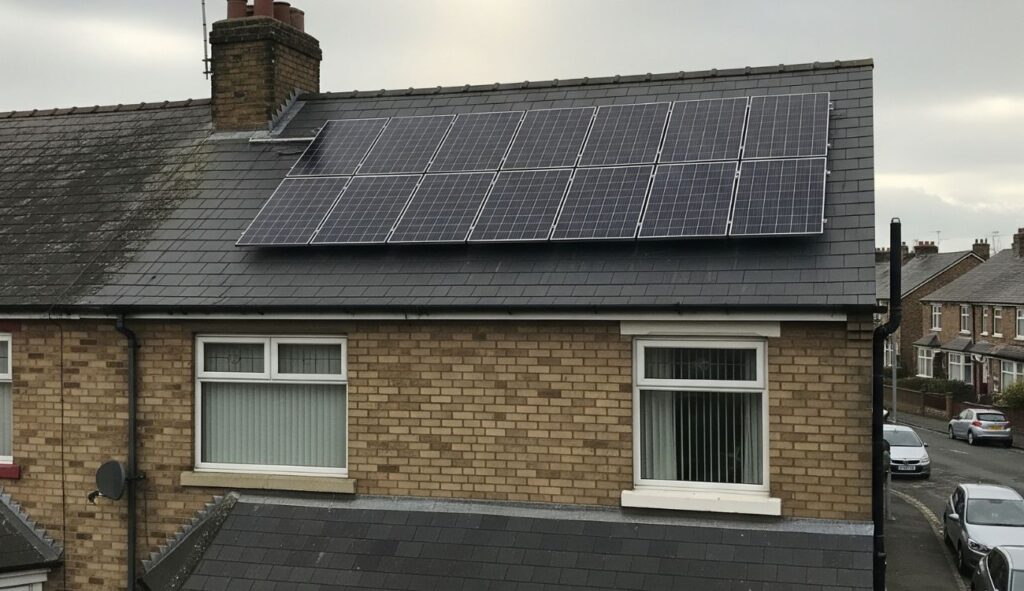 Rooftop solar panel installation on a brick residential home in the North East of England